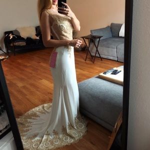 White prom/formal long dress with gold embroidery